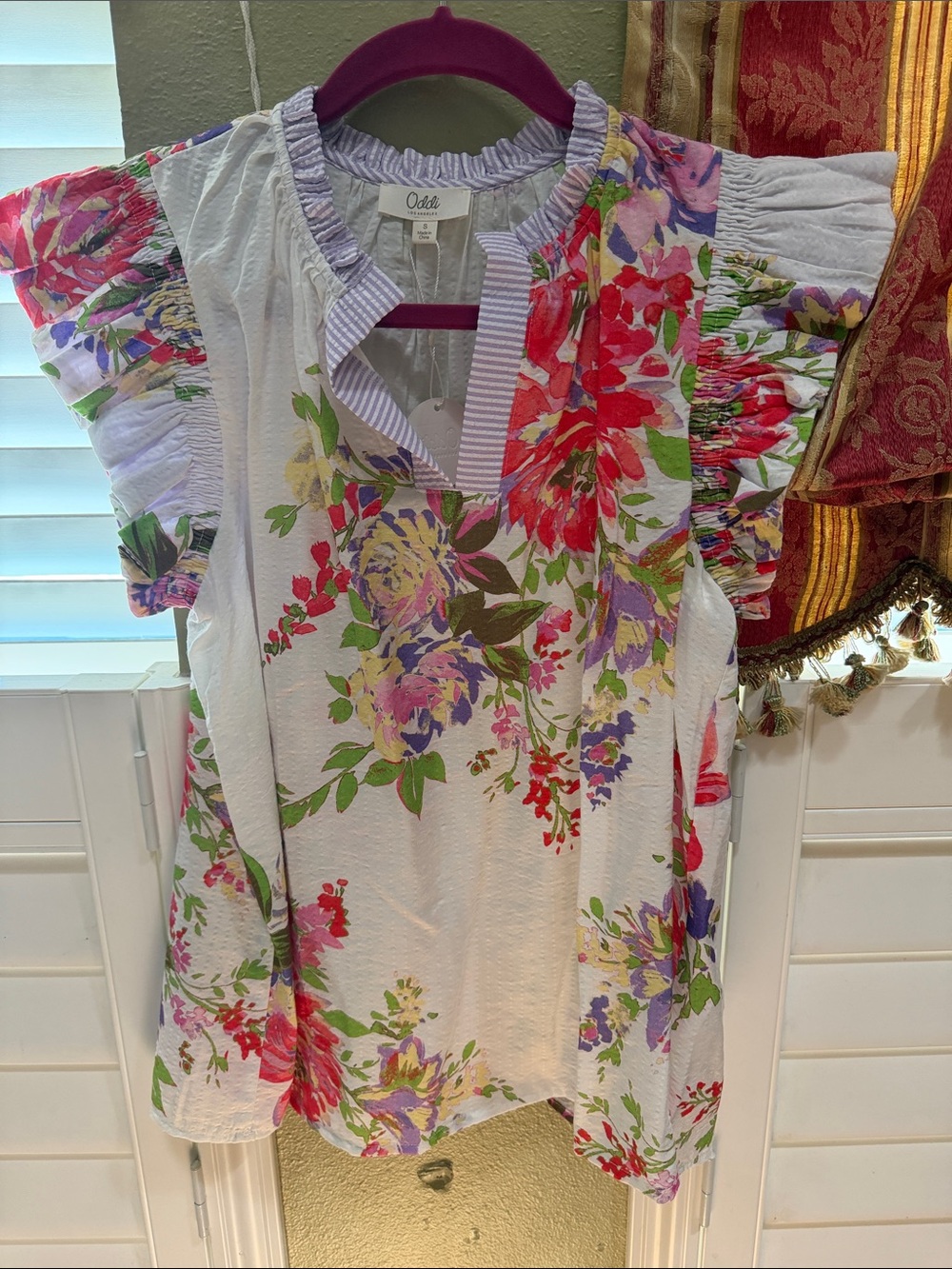 Oddi White Floral Ruffle-Sleeve Women's Top - Picture 1 of 5